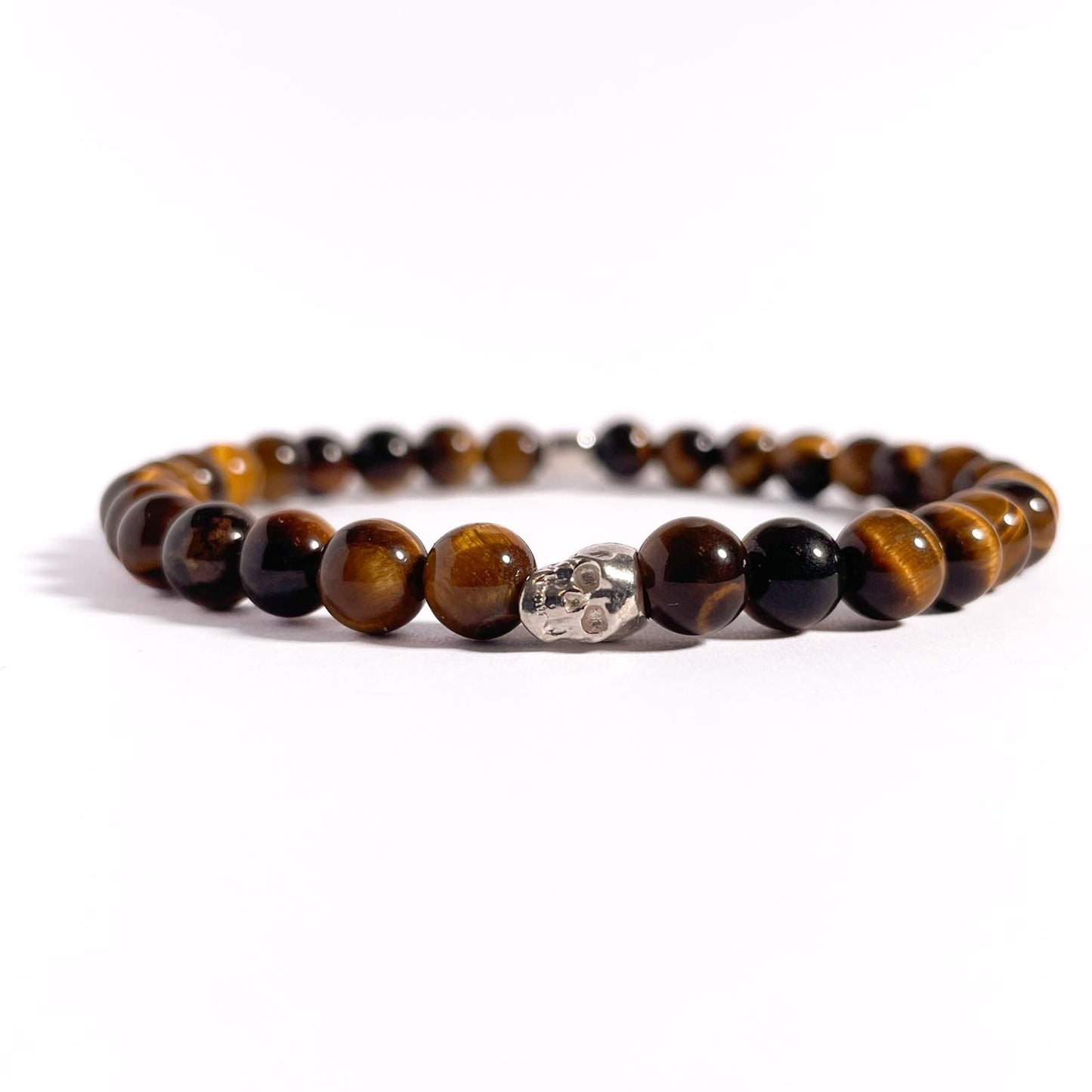 Brățară Tiger Eye cu element skull din argint 925 și bilă de 4 mm