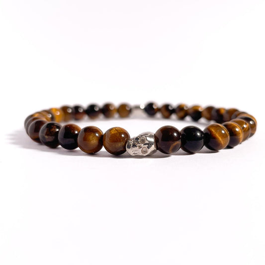 Brățară Tiger Eye cu element skull din argint 925 și bilă de 4 mm