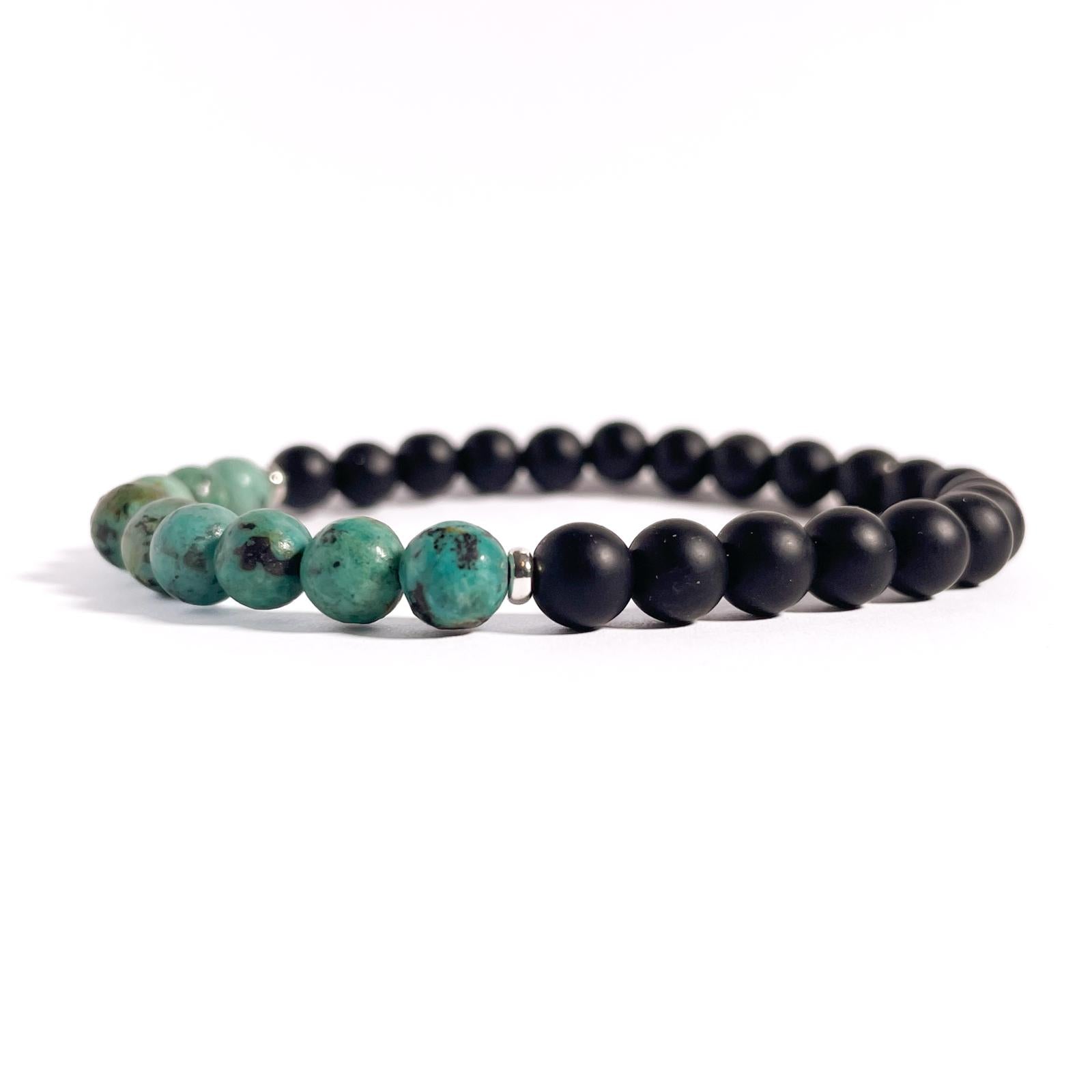 Brățară Turcoaz African și Onix mat cu bile din argint 925, 6 mm, unisex